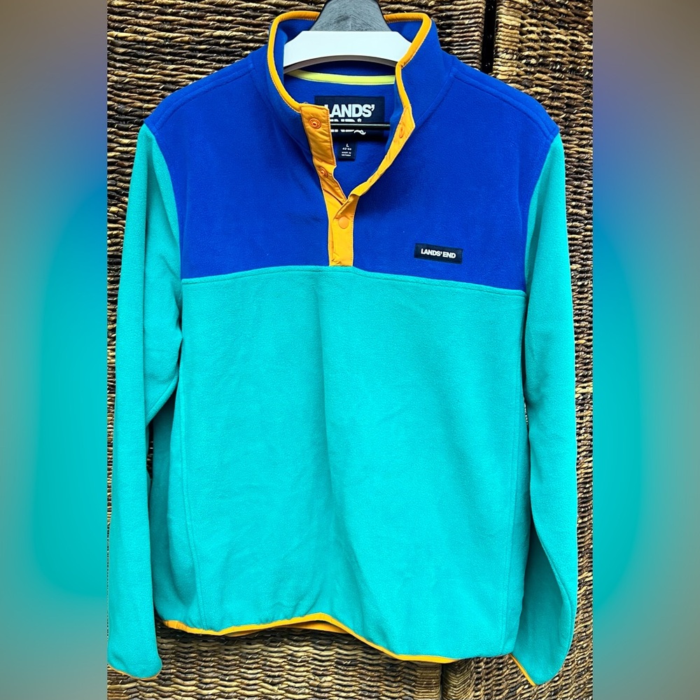 Lands' End Blue/Teal/Yellow Fleece, Men’s‎ Large(42-44) Snaps